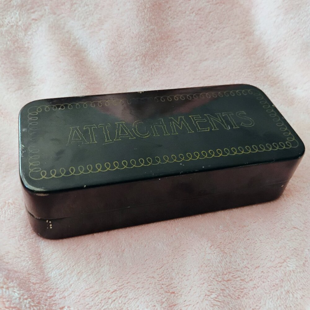 Vintage Greist Rotary Sewing Machine Attachments In Original Black Metal Box